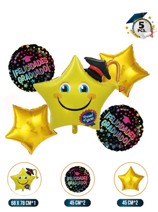 Set Globos Metalizados Felicidades Graduado 5 Pcs