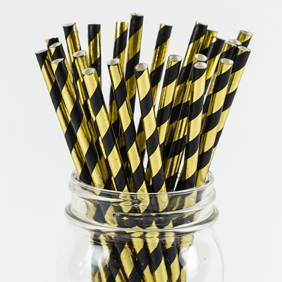 Bombilla Papel Lineas Negro-Dorado 12 Unidades Big Party