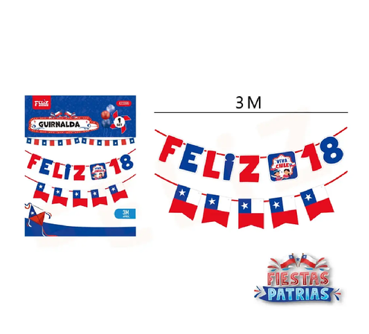 Guirnalda Feliz 18 con Banderas Chilenas x 1 Uni.