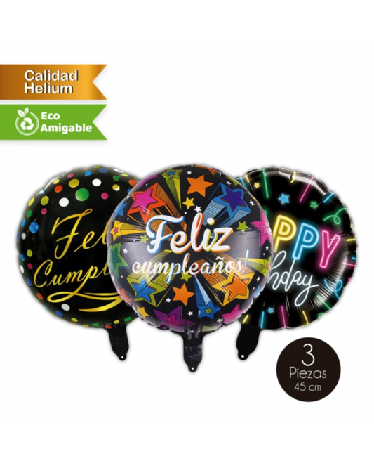 Set Globos Feliz Cumpleaños Negro x 3 Uni.