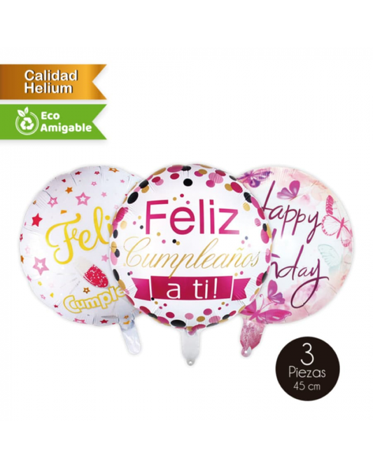 Set Globos Feliz Cumpleaños Rosa x 3 Uni.