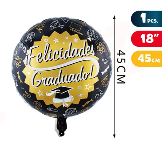 Globo Metalizado Negro Felicidades Graduado 18" x 1 Uni